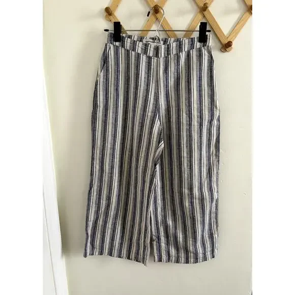 Abercrombie & Fitch Pants Women's 00 Wide leg Crop High Rise Blue Striped Linen - Picture 2 of 9
